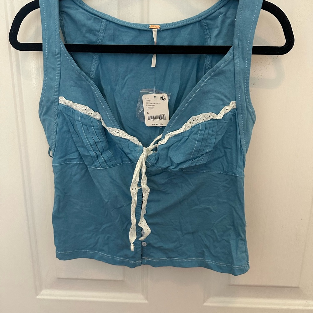 Free People Blue Sleeveless Tie Front Fitted Tank Top